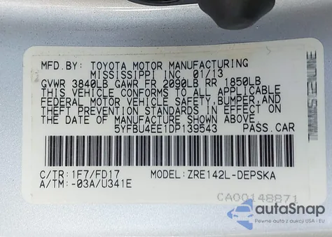 2013 Toyota Corolla S z USA, uszkodzony, nr VIN 5YFBU4EE1DP139543